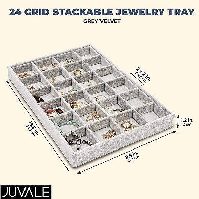 Velvet Jewelry Tray, Stackable 24 Grid Organizer (Gray, 14x10 in)