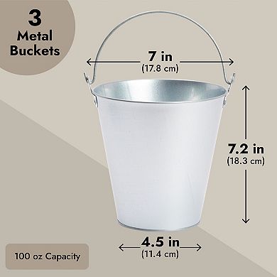 3 Pack Galvanized Metal Ice Buckets, 7 Inch Tin Pails With Handles, Wedding Decorations, (100 Oz)