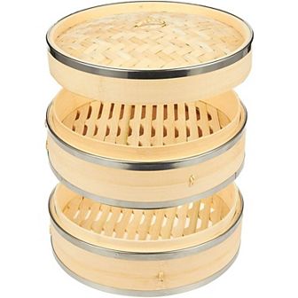 2 tier Bamboo Steamer Basket 10 Inch for Dim Sum Bao Bun Dumpling Cooking
