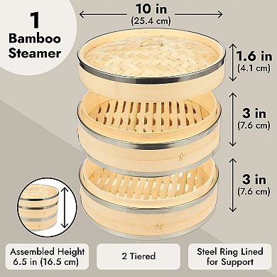 2 Tier Bamboo Steamer Basket 10 Inch for Dim Sum Bao Bun Dumpling Cooking