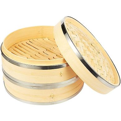 10 Inch Wood Steamer with Steel Rings for Cooking (10 x 6.7 x 10 In)