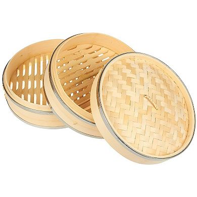 2 Tier Bamboo Steamer Basket 10 Inch for Dim Sum Bao Bun Dumpling Cooking