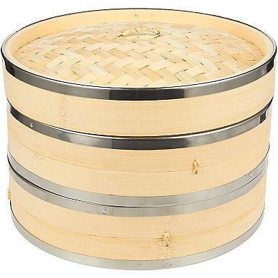 2 Tier Bamboo Steamer Basket 10 Inch for Dim Sum Bao Bun Dumpling Cooking