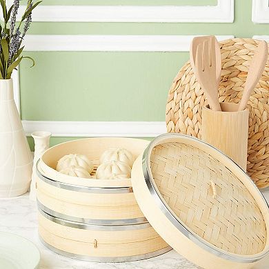 2 Tier Bamboo Steamer Basket 10 Inch for Dim Sum Bao Bun Dumpling Cooking