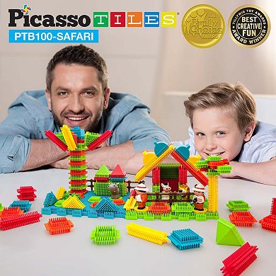 PicassoTiles 100 PC Safari Animal Theme, Hedgehog Building Blocks, Soft Toys for Kids 3+