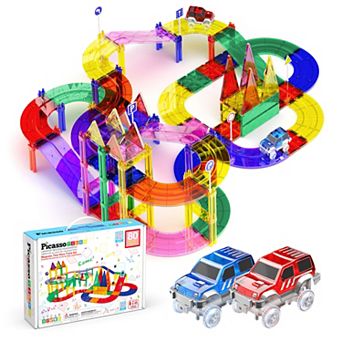 PicassoTiles 80 pc STEM Toy,Racetrack, Magnet Tile, Building Blocks for Kids Age 3 & Up, PTR80