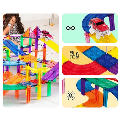 PicassoTiles 80 Piece STEM Toy,Racetrack, Magnet Tile, Building Blocks for Kids Age 3 & Up, PTR80
