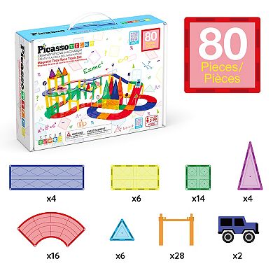 PicassoTiles 80 Piece STEM Toy,Racetrack, Magnet Tile, Building Blocks for Kids Age 3 & Up, PTR80
