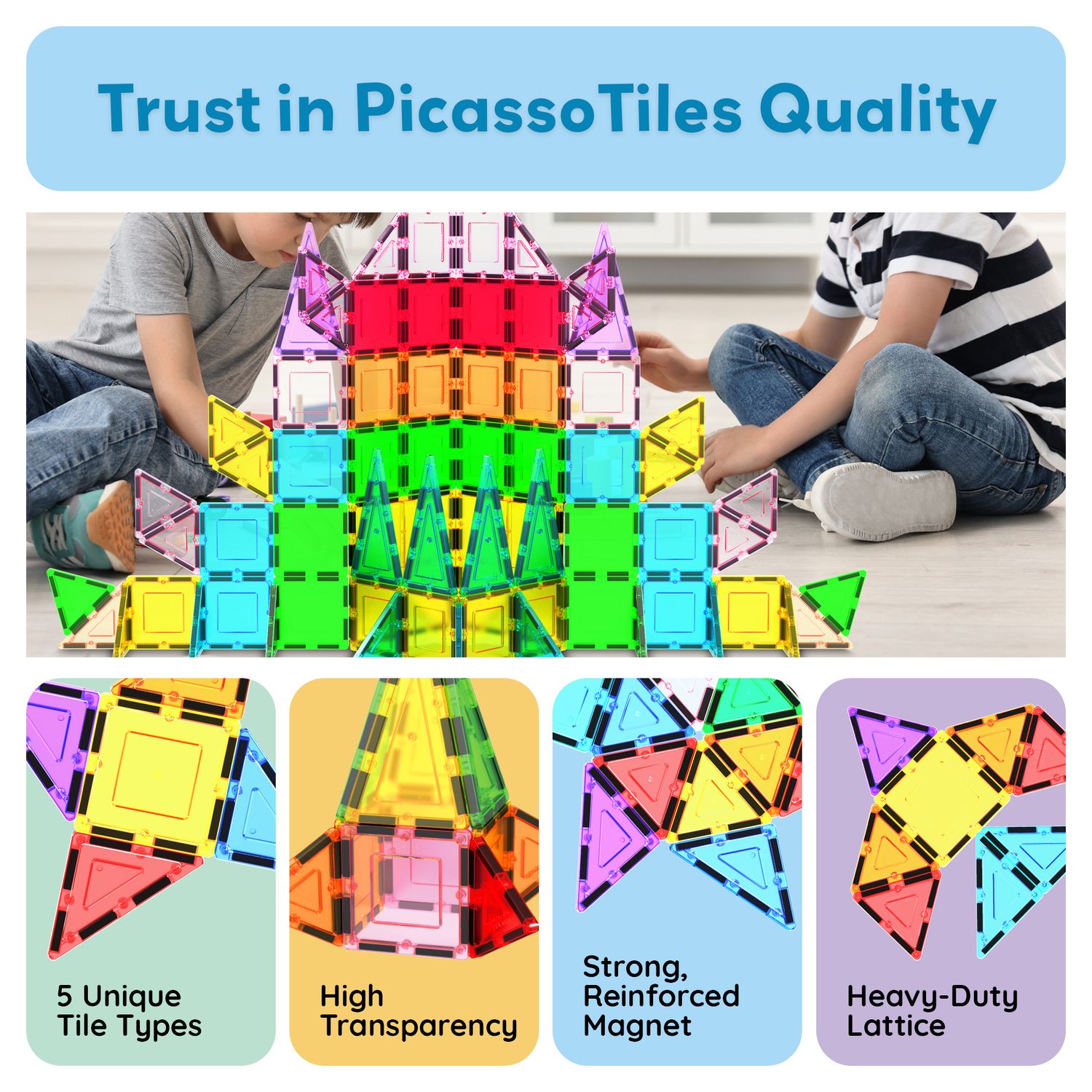 Детские конструкторы PicassoTiles 101 pc Magnetic Tiles for Kids, Stem Building Blocks, Educational Toy for Toddler — фото 2