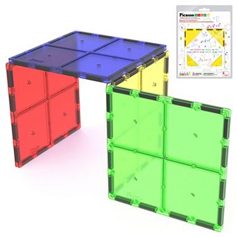 PicassoTiles 4 pc Large Square Expansion, Magnetic Tiles, Magnet Building Blocks for Kids Ages 3+