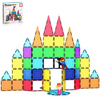 PicassoTiles 63 pc Magnetic Tiles and Brick Compatible, Classic Brick, Brick Building Block Set
