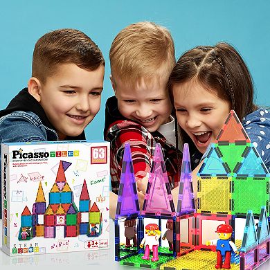 PicassoTiles 63 PC Magnetic Tiles and Brick Compatible, Classic Brick, Brick Building Block Set