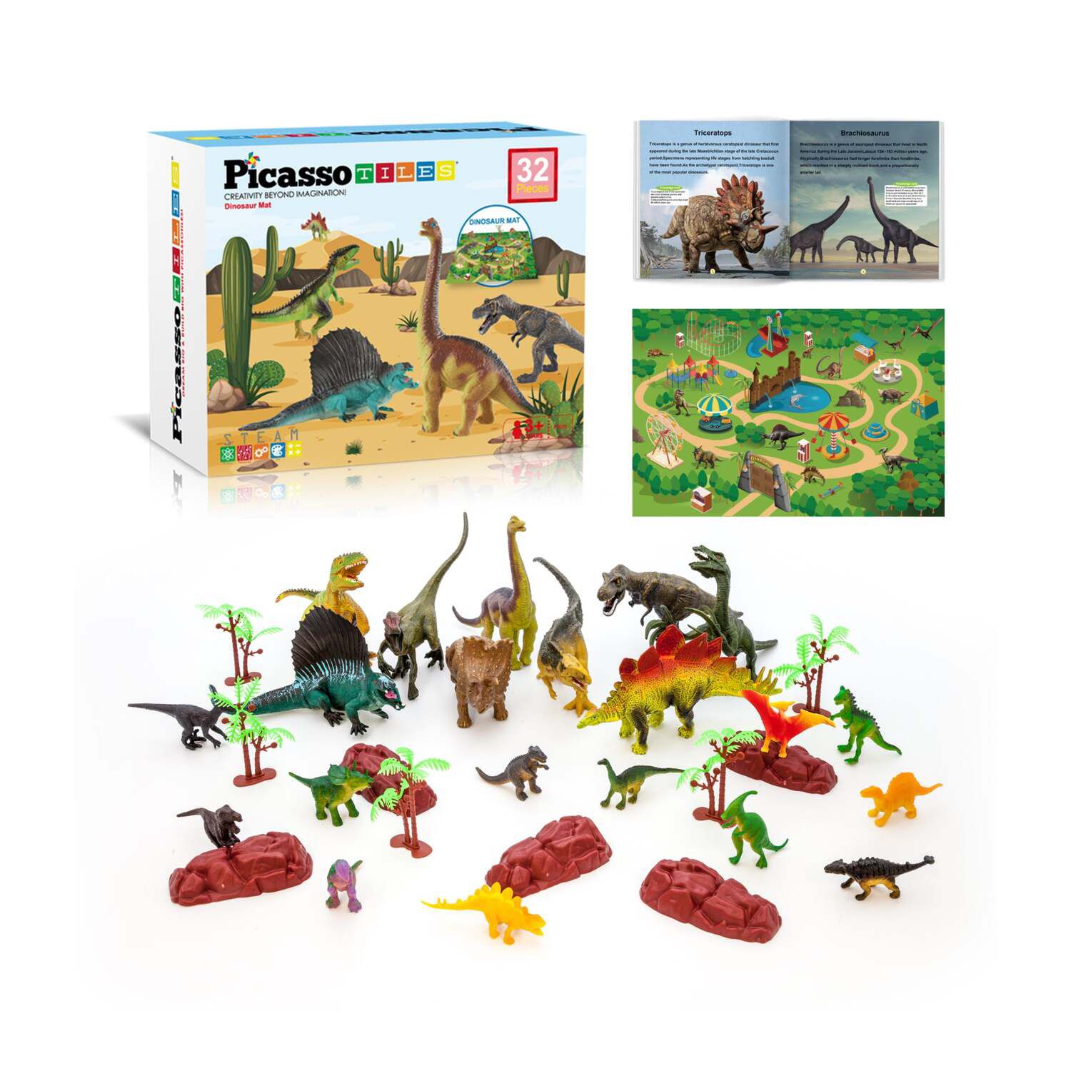 Детские фигурки PicassoTiles 32 pc Dinosaur Action Figures Toys with Play Mat for Children Ages 3+ Years
