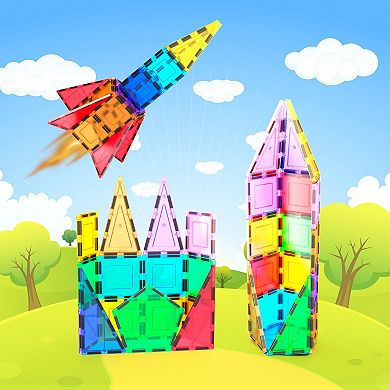 PicassoTiles 32 PC Rocket Themed, Magnetic Tiles, Magnetic Building Blocks for Kids 3+