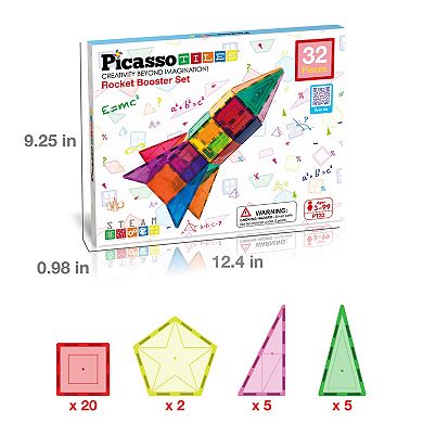 PicassoTiles 32 PC Rocket Themed, Magnetic Tiles, Magnetic Building Blocks for Kids 3+