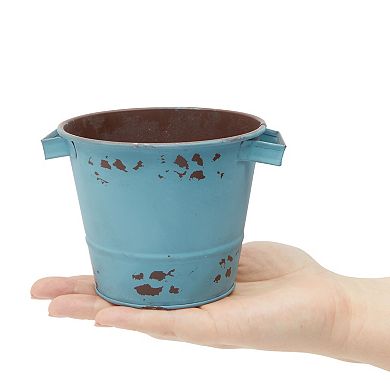 4 Pack Small Distressed Blue Metal Buckets, Rustic 4 Inch Tin Pails, Decorative Vintage Flower Pots for Gardening (5 x 4 In)
