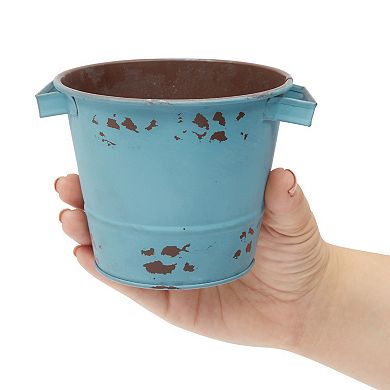 4 Pack Small Distressed Blue Metal Buckets, Rustic 4 Inch Tin Pails, Decorative Vintage Flower Pots for Gardening (5 x 4 In)