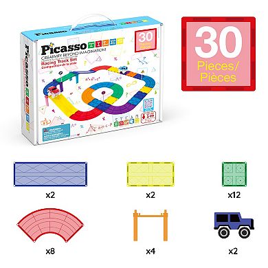 PicassoTiles 30 PC Race Track, Magnetic Tiles, Magnetic Building Toys for Kids 3+