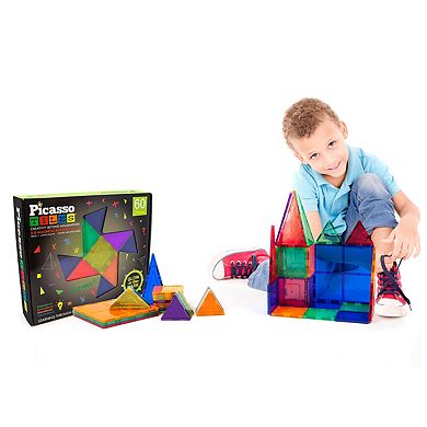 PicassoTiles 60 Piece Glowing STEM Toy Magnetic Tile, Building Block for Kid Age 3 & Up, PTG60-GID