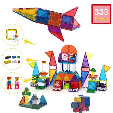 PicassoTiles 333 PC Magnetic Tiles and Brick Compatible, Building Block Set for Kids 3+