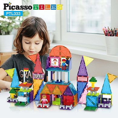 PicassoTiles 333 PC Magnetic Tiles and Brick Compatible, Building Block Set for Kids 3+