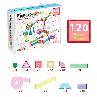 PicassoTiles 120 PC Marble Run Race Track Building Block & Magnetic Tiles, STEM Toy for Kids 3+