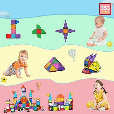 PicassoTiles 353 PC Magnetic Tiles and Brick Compatible, Building Block Set for Kids 3+