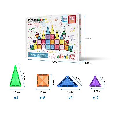 PicassoTiles 40 PC Travel Size Magnetic Tiles, Magnetic Building Blocks for Kids, Magnet for Kids 3+