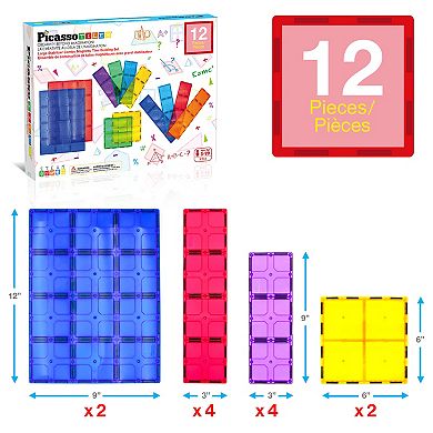 PicassoTiles 12 Piece STEM Toy Magnetic Tiles, Building Blocks for Kids Age 3 & Up, PT12
