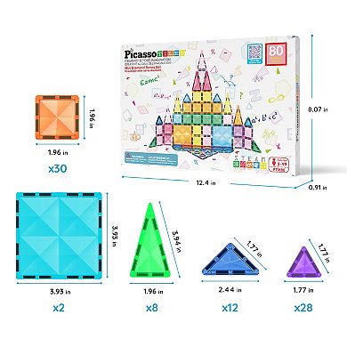 PicassoTiles 80 PC Travel Size Magnetic Tiles, Magnetic Building Blocks for Kids, Magnet for Kids 3+