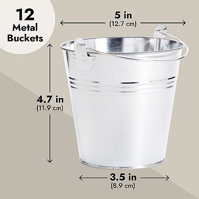 12 Pack Small Tin Pails with Handles, Galvanized Metal, 5 x 4.7 x 3.5 In