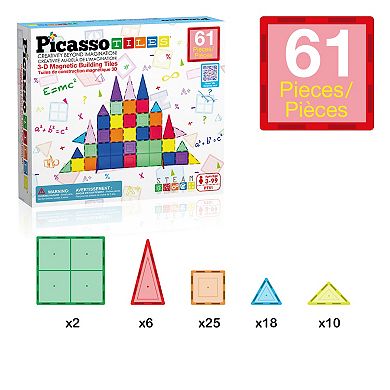 PicassoTiles 61 PC Magnetic Tiles, Magnetic Building Blocks for Kids, Magnet for Kids 3+
