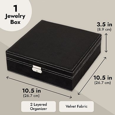 Black Jewelry Box with Lock, Two-Layer Travel Display Case and Storage Organizer with Removable Tray (10.5 x 10.5 In)