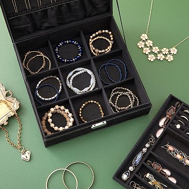 Velvet Jewelry Box Organizer with Lock - 2 Layer Travel Case, Jewelry Storage