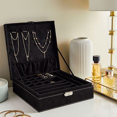 Black Jewelry Box with Lock, Two-Layer Travel Display Case and Storage Organizer with Removable Tray (10.5 x 10.5 In)