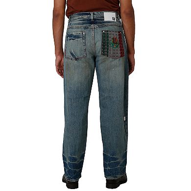 Blanco Label Men's Loose Fit Denim Jeans Vintage Washed & Embellished Pockets