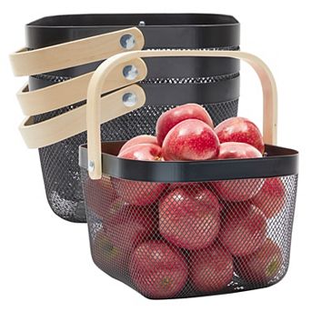 4 pc Mesh Fruit Basket with Wooden Handle for Kitchen Food Storage Organization