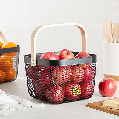 4 Pcs Mesh Fruit Basket with Wooden Handle for Kitchen Food Storage Organization