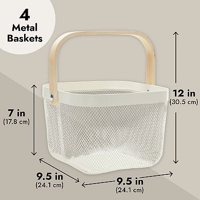 4 Pack Mesh Fruit Basket with Wooden Handles, Square, White, 9.5 x 9.5 x 7 In