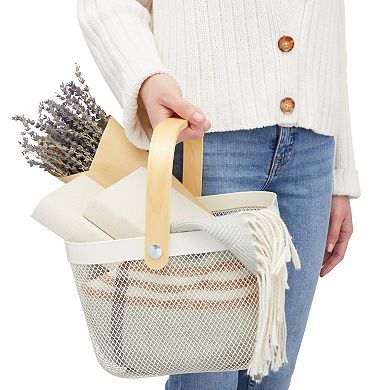 4 Pack Mesh Fruit Basket with Wooden Handles, Square, White, 9.5 x 9.5 x 7 In