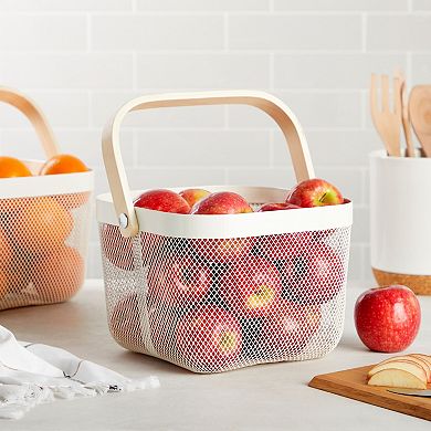 4 Pack Mesh Fruit Basket with Wooden Handles, Square, White, 9.5 x 9.5 x 7 In