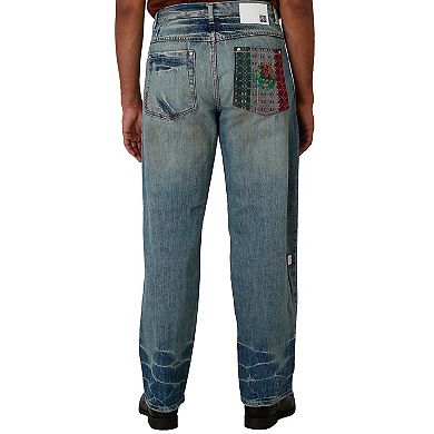 Blanco Label Men's Loose Fit Denim Jeans Vintage Washed & Embellished Pockets