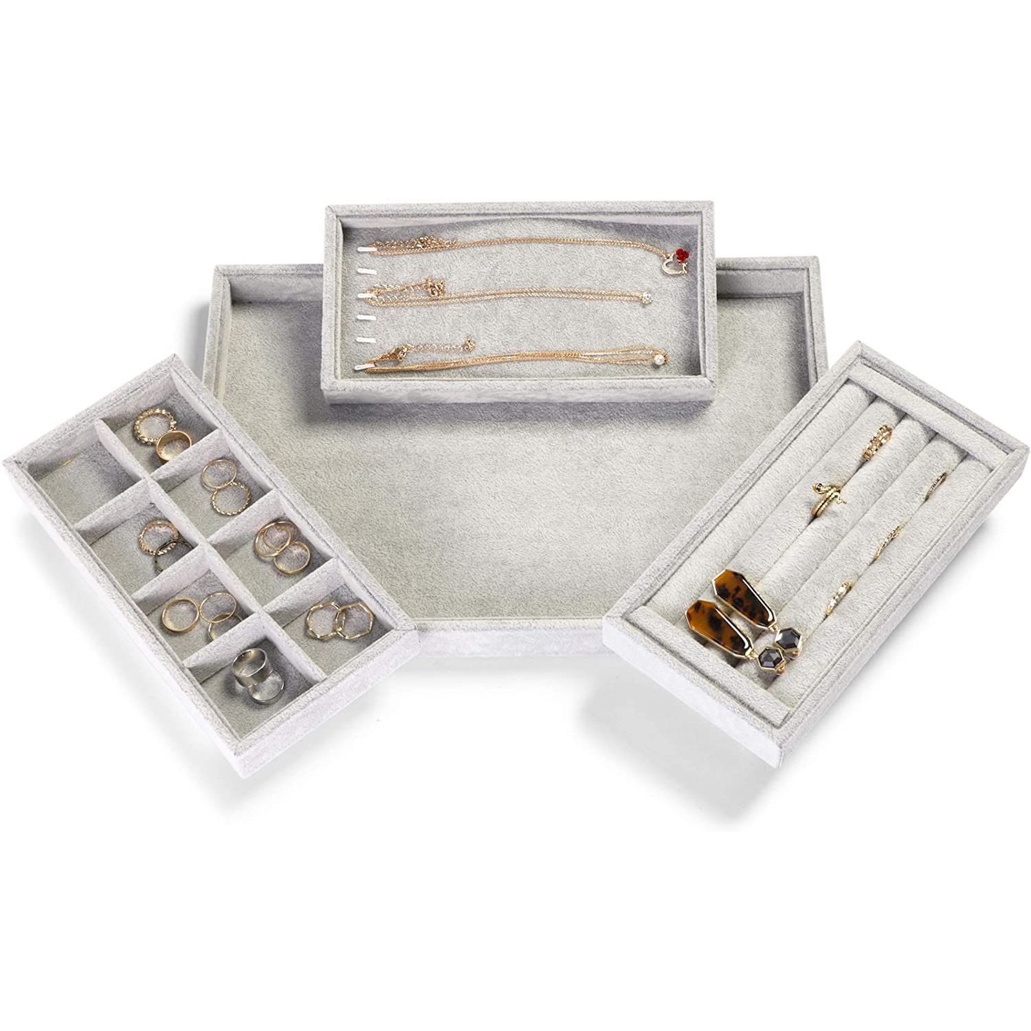 Grey Velvet Stackable Jewelry Organizer Tray for Necklaces, Rings, Display  for Pendants, Earring Storage (13.8 x 9.5 In)