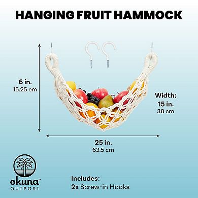 Macrame Fruit Hammock for Kitchen Under Cabinet with 2 Hooks, Hanging Net Basket for Bananas and Produce Storage (6 x 25 x 15 In)