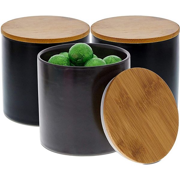 Juvale Black Ceramic Canisters with Wooden Lids for Kitchen (4 x 4.13