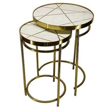 22, 20 Inch Round 2 Piece Marble Top Nesting End Table Set with Metal ...