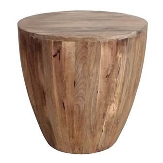 Arthur Handcarved Cylindrical Shape Round Mango Wood Distressed Wooden Side End Table, Brown