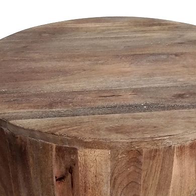 Arthur Handcarved Cylindrical Shape Round Mango Wood Distressed Wooden Side End Table, Brown