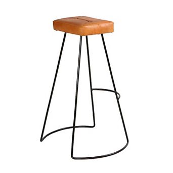 Uri 32 Inch Modern Bar Stool, Genuine Leather Seat, Metal Frame, Button Tufted, Tan Brown, Black