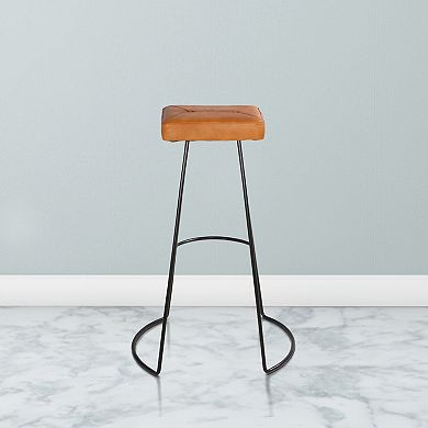 Uri 32 Inch Modern Bar Stool, Genuine Leather Seat, Metal Frame, Button Tufted, Tan Brown, Black
